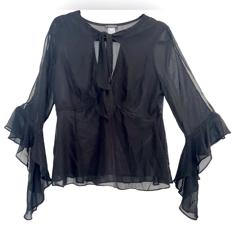 VENUS Split Sleeve Fitted Blouse Sheer Back Open Neckline Asymmetrical Hem Fancy